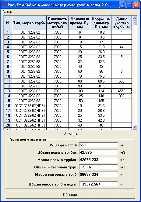 Программа вычисляет общий объём и массу материала труб и воды в трубах